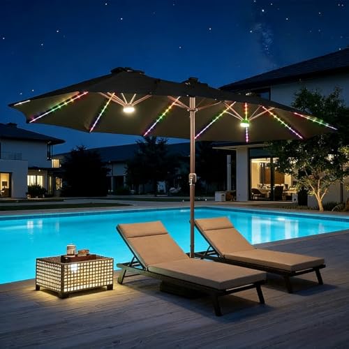 15 ft Large Patio Umbrella with Color Changing Lights