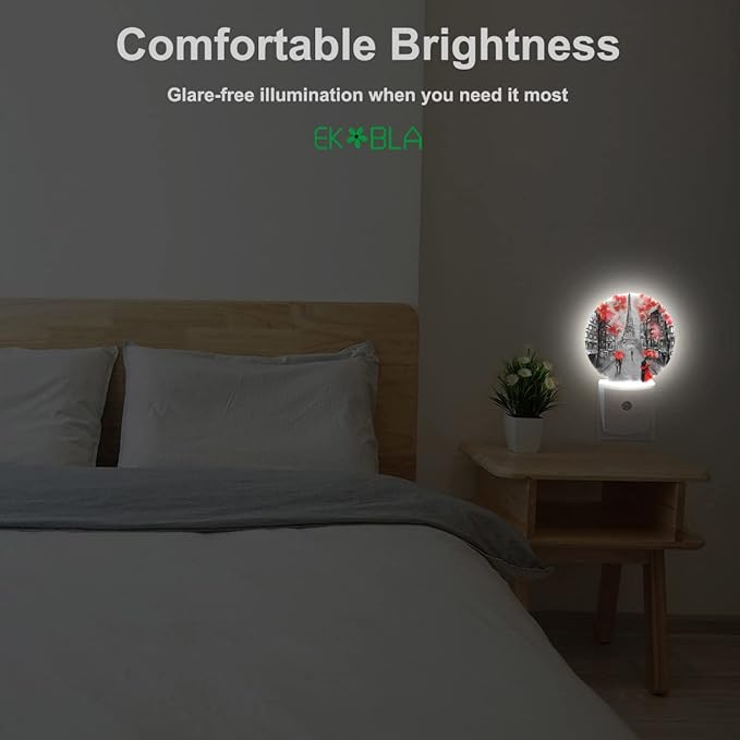 EKOBLA Paris LED Night Light Eiffel Tower Red Umbrella Couple Lovers Kiss France Street Plug-in Nightlights Home Auto Sensor LED Dusk to Dawn Light for Bedroom Bathroom Kitchen Corridor