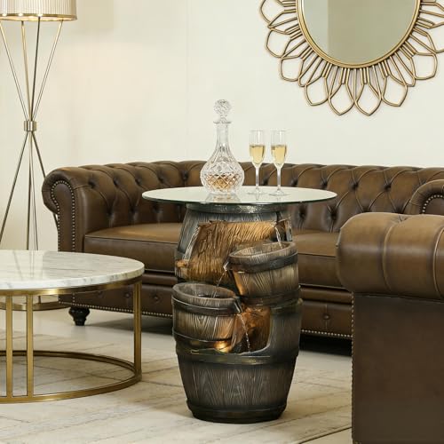 Rustic Barrel Outdoor Water Fountain with Glass Tabletop