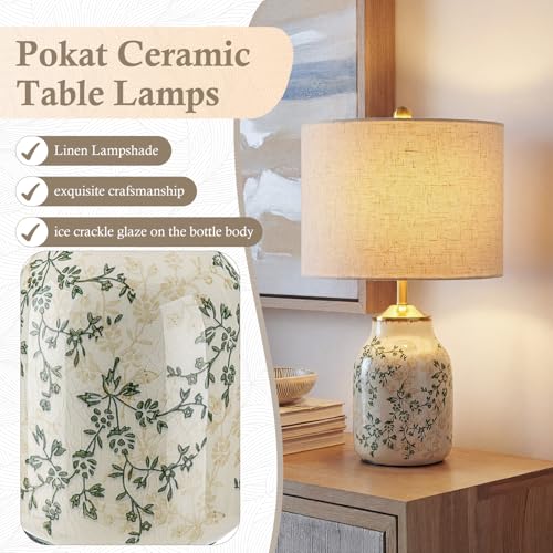 2 Pcs 21" Vintage Green Ceramic Lamp with Beige Linen Shade (2 Count)