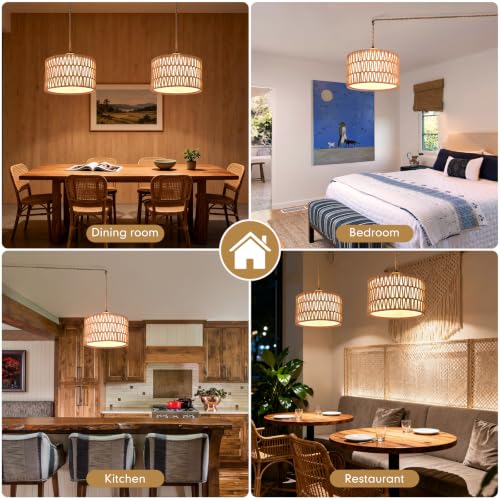 Rattan Plug in Pendant Boho Hanging Lamp with Dimmer Switch Woven Light Fixture Small Chandelier Ceiling Light with Plug in Cord for Bedroom Living Room Kitchen Island