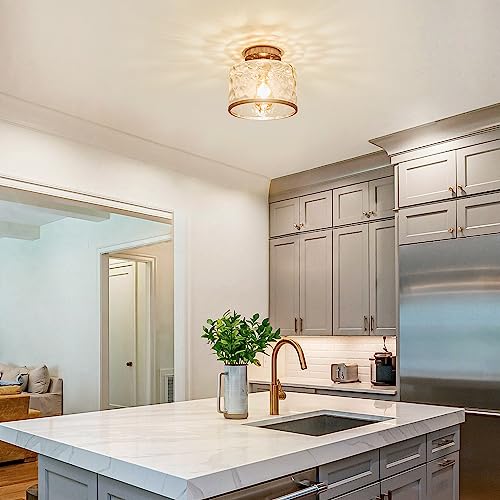 Modern Semi Flush Mount Ceiling Light with Industrial Clear Hammered Glass Lampshade