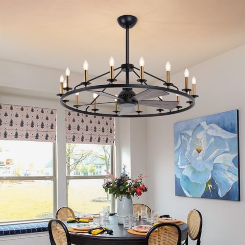 44" Black+Gold Wagon Wheel Chandelier with Fans