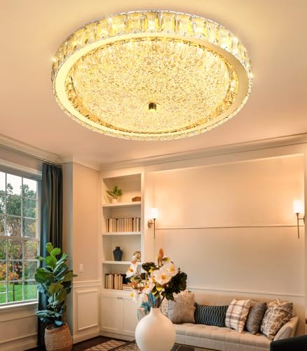 19.6" Modern Crystal Chandelier Dimmable LED Flush Mount Ceiling Light with Remote Control for Living Room Dining Room Bedroom Hallway Foyer Gold