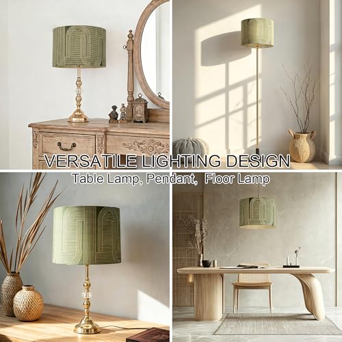 Rustic Bamboo Drum lamp Shade Art Deco Green Arch Pattern 11.8x9Inch
