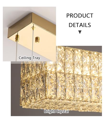 Rectangular Crystal Chandelier with Dimmable LED Lights Dining Room Remote Ceiling Pendants Lighting Fixtures for Kitchen Island Gold