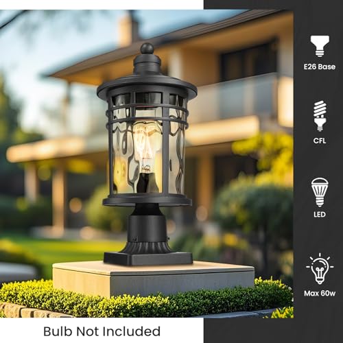 Outdoor Post Lighting Fixtures Pole Lantern Waterproof Aluminum Housing with Water Ripple Glass 16.5 Inch Height Large Size Pillar Light Outdoor for Garden Patio Pathway E26 Socket