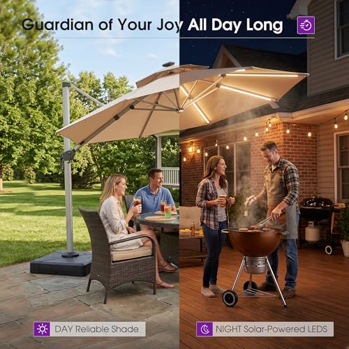 Patio Umbrella with Base 13ft Solar LED Light Double Top