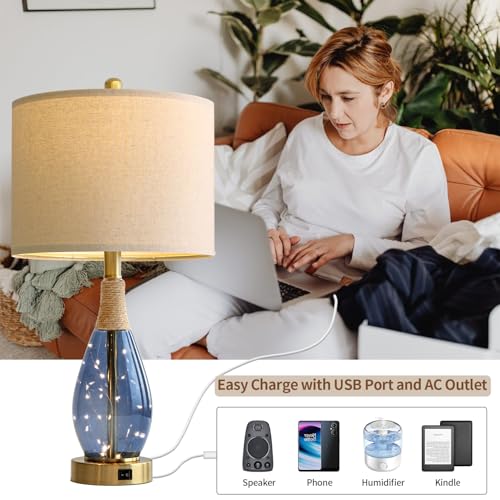 23" Table Lamps for Living Room Set of 2 Bedside Lamps for Night Stands Bedroom Lamps Farmhouse Rattan Boho Lamp Glass Nightlight End Table Lamp with USB C+A (2 Count)