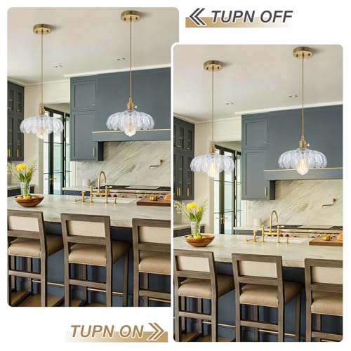 EDSILIVE Vintage Flower Glass Pendant Lights Kitchen Island 9.84" Antique Flower Clear Glass Hanging Ceiling Light Fixture with Adjustable Brass Twine Wire for Dining Room Kitchen Table