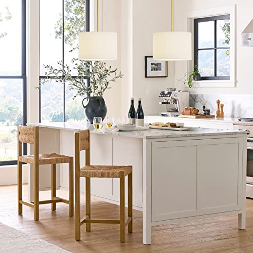 9" Dia White Linen Drum Shade Hanging Pendant Light Fixture with Polished Gold Pole Kit (2 Count)