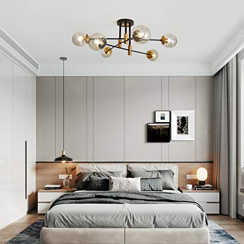 6 Lights Glass Globe Sputnik Chandelier Modern Flush Mount Ceiling Light Fixture Farmhouse Lighting for Dining Room Living Room Bedroom Kitchen Passageway