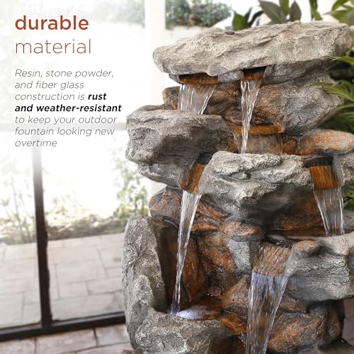 WIN730 Outdoor Floor Tiered Rock Waterfall Fountain with LED Lights and Natural Stone Look