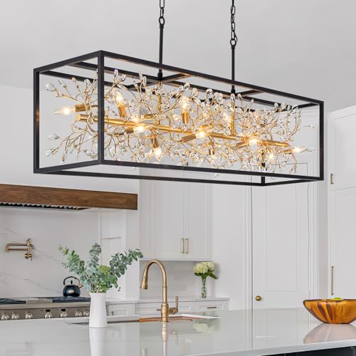 Modern Black and Gold Rectangle Crystal Chandelier for Dining Room