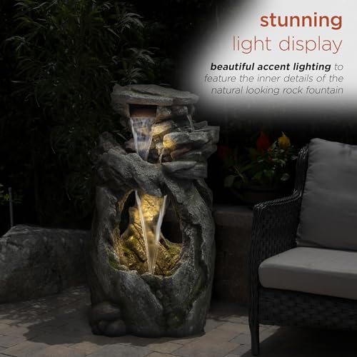 41" Tall Outdoor Cascading Rainforest Rock Waterfall Floor Fountain with LED for Gardens