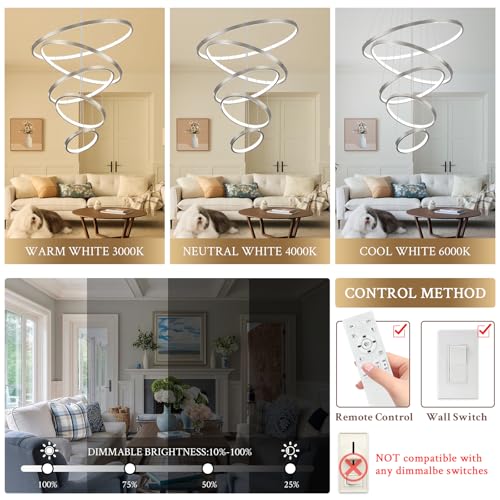5 Rings Brushed Nickel Ring Chandeliers Moedrn LED Chandeliers Dimmable Foyer Chandelier for High Ceiling Dimmable Contemporary Nickel Chandelier for Living Room Staircase Entryway