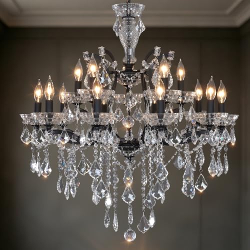 15 Light Modern Maria Theresa Crystal Chandelier UL Listed Black Farmhouse Chandeliers D29.5 Pendant Light Fixture for Dining Room Living Room Bedroom Foyer Entryway