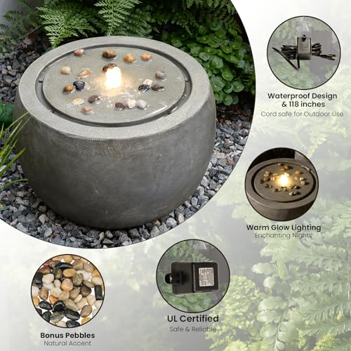 Garden Water Fountain Outdoor Bubbler Water Feature Indoor with Lights & Pump and Pebbles Waterfall Fountains Concrete Effect for Patio Deck Yard Home Decor Gray