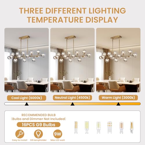 Brass Gold Rectangle Chandelier Modern Chandelier Smoke Grey Globe Glass Pendant Light Fixture Adjustable for Dining Living Room Kitchen Island Over Table 16