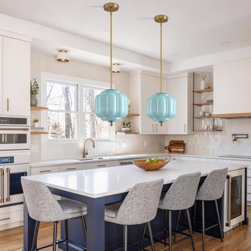 Vintage Blue Glass Pendant Lights 9.8 Inch Mid Century Modern Hanging Ceiling Light