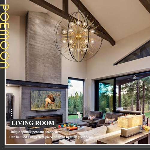 43.2" 18 Light Black Gold Sputnik Chandelier with Smoke Glass Shade