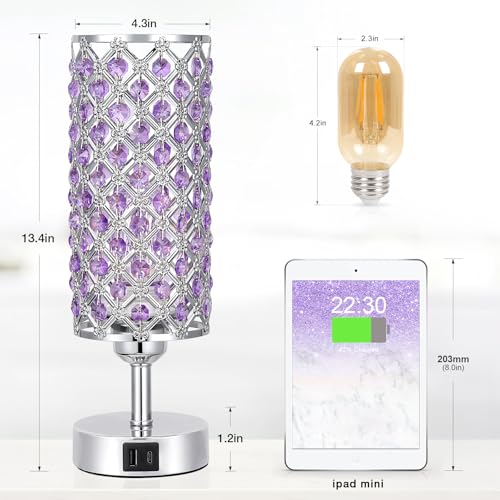 Purple Crystal Table Lamp with USB C+A 3