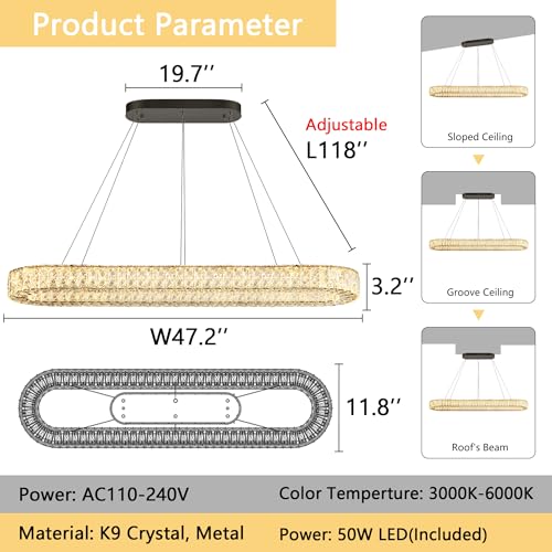 Modern Oval Chandelier Rectangular K9 Crystal Chandeliers for Dining Room Dimmable LED Light Fixture with Remote for Living Room Kitchen Light Black