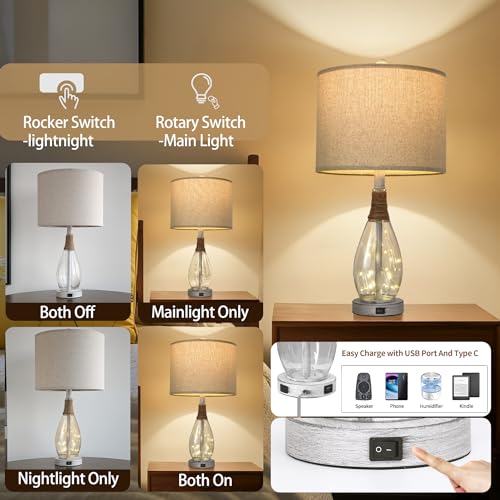 23" USB A+C Table Lamp for Bedroom Living Room Modern Bedside Lamps Retro Farmhouse Rattan Glass Nightstand Nightlight Lamps