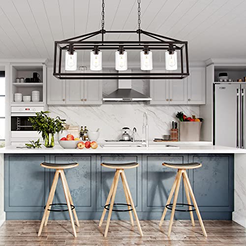 Industrial Rustic Farmhouse Chandelier 5 Light Modern Rectangle Dining Room Light Fixture Hanging Oil Rubbed Bronze Kitchen Island Cage Pendant Lighting with Clear Glass Shade for Hallway Bar