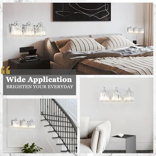 3 Light Modern Bathroom Light Fixture Chrome Vanity Lights Over Mirror Wall Sconce Lighting with K9 Crystal Shades Bathroom Wall Lamp E26 Base for Bedroom