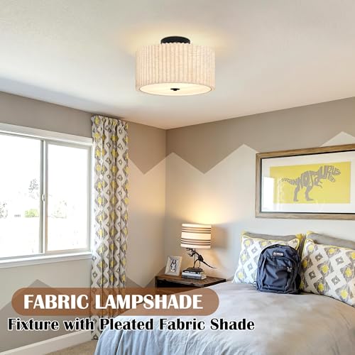 2 Light Semi Flush Mount Ceiling Light Fixture 12.6 Inch Modern Black Drum Ceiling Light Fixture with Pleated Fabric Shade Dimmable Close to Ceiling Light for Living Room Hallway Bedroom Entryway