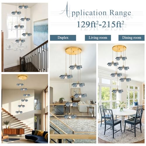 Foyer Chandelier for High Ceilings long Blue Floral pendant light Mid Century Glass Hanging Ceiling light Brushed Gold Flush Mount Ceiling Chandeliers for Staircase Entryway Living