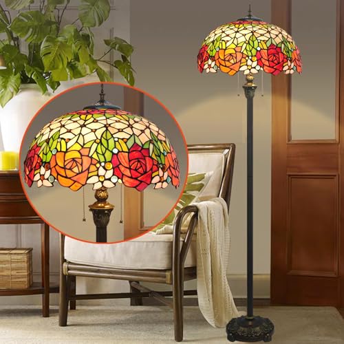 16 Inch Rose Tiffany Style Vintage Stained Glass Lamp Shade Replacement Only with Cap Fit for Bedside Reading Lamp Study Light Kitchen Dining Room Floor
