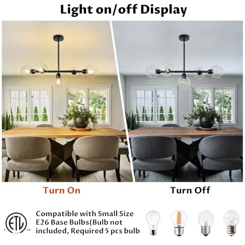 5 Lights Linear Chandelier Modern Black Clear Glass Globe Pendant Light