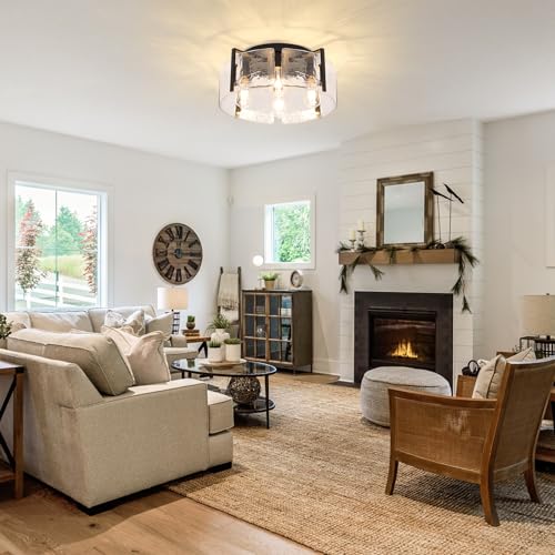 Modern 4 Light Flush Mount Ceiling Light with Hammered Glass Shade