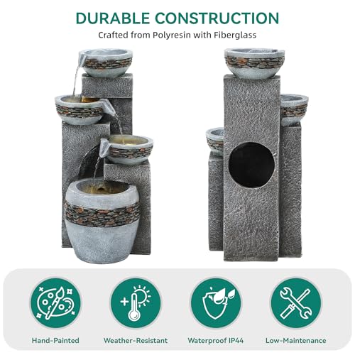 4 Tier Outdoor Water Fountain with Pebble Texture and LED Lights