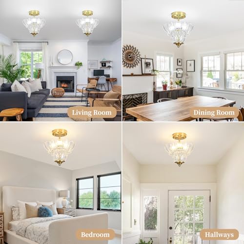 Vintage Gold Semi Flush Mount Light with Floral Class Shade (Gold)