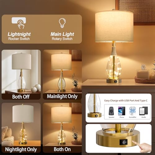 23" Table Lamps for Living Room Set of 2 Bedside Lamps for Night Stands Bedroom Lamps Farmhouse Rattan Boho Lamp Glass Nightlight End Table Lamp with USB C+A (2 Count)
