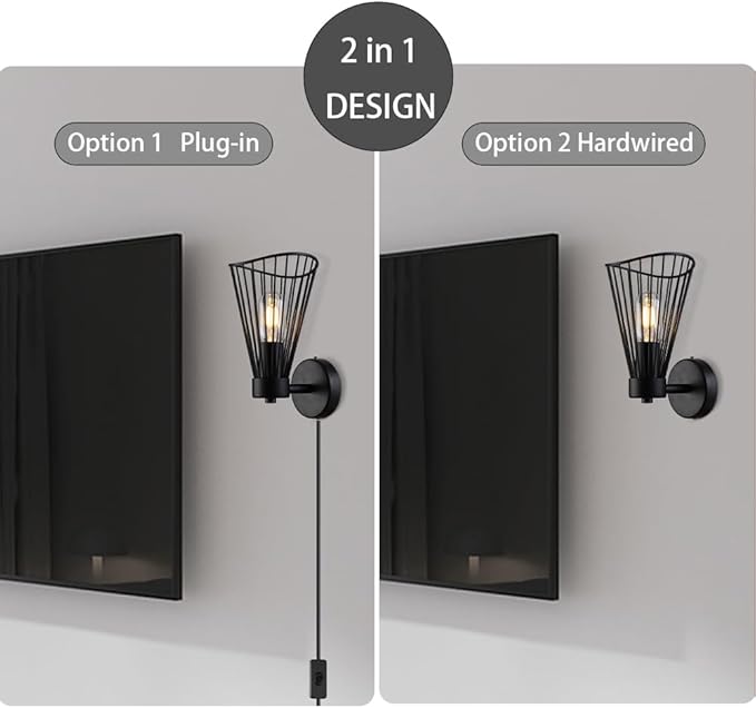 Plug in Wall Sconce Indoor Large Industrial Wall Sconces Farmhouse Wall Lamp with Plug in Cord Vintage Black Wall Lights with On/Off Switch Wall Light Fixture for Living Room Bedroom Rustic - Aura Lighting