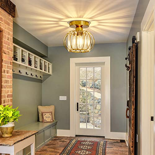 Crystal Semi Flush Mount Ceiling Light Fixture E26 Mini Antique Gold Chandelier Small Ceiling Lamp for Entryway Bedroom Bathroom Hallway Closet Foyer