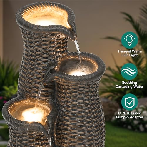 AUTODAYA 5 Tier Faux Rattan Vase Water Fountain Outdoor with LED Lights