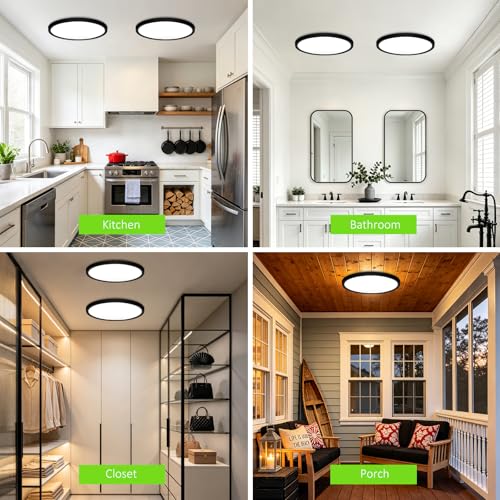 LED Flush Mount Ceiling Light 15in Thin 3CCT Black Wired