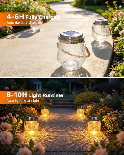 6 Pack Solar Powered Cracked Glass Jar Lights Outdoor Hanging LED Lantern (6 Count)