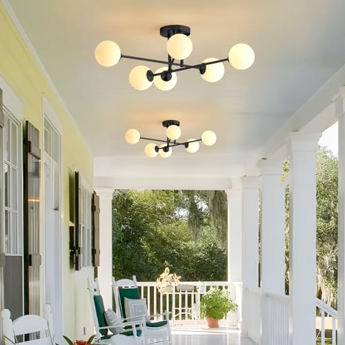 Black Modern Sputnik Chandelier Ceiling Light Fixtures 6 Light Milk Glass Globe Sputnik Chandelier Mid Century Bedroom Semi Flush Mount Ceiling Light