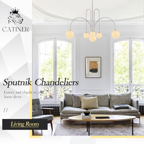 Modern 40" 6 Light Nickel Sputnik Chandelier with Milk Glass Globe