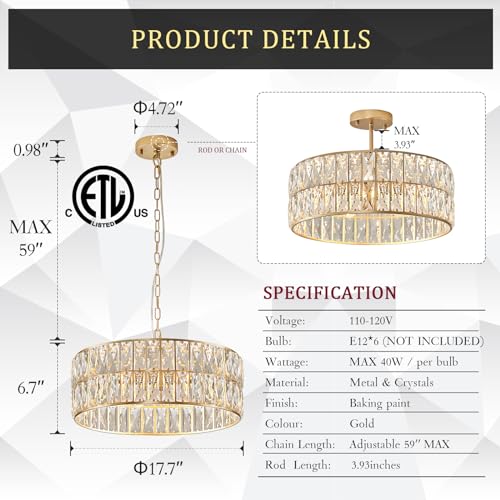 Gold Crystal Chandelier 18" 6