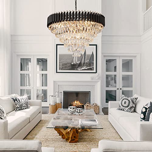 Black and Gold Crystal Chandeliers 30” Modern Dining Room Chandelier Round