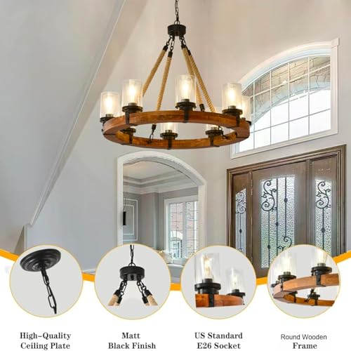 Rustic 8 Light Wagon Wheel Chandelier Wagon Wheel Dining Room Light Fixture with Seeded Glass Shade Suitable for Farmhouse Chandeliers in Living Room Kitchen and Entryway (8 Count)
