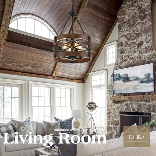 4 Light Farmhouse Drum Wood Pendant Light 13.8'' Vintage Rustic Brown Oak Wood Chandeliers (4 Count)