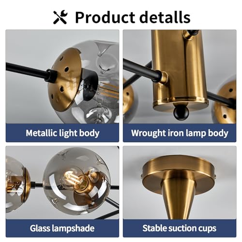 6 Light Gold Sputnik Chandelier Modern Semi Flush Mount Ceiling Light with Glass Globe Shade Mid Century Ceiling Lighting for Dining Room Living Room Kitchen Farmhouse Bedroom